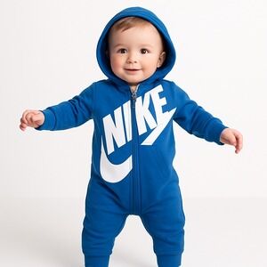 Nike Baby Blue Full Zip‎ Hooded Romper 6M Infant One-Piece Jumpsuit Logo Jogger
